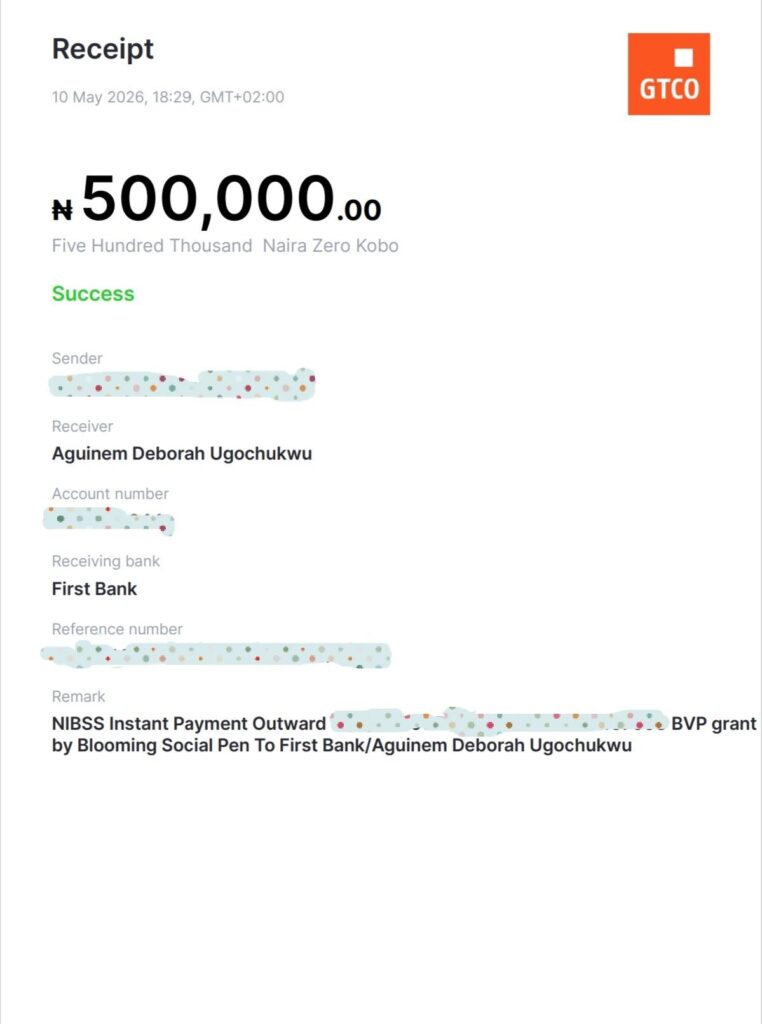Bank transfer receipt of the 500,000 naira to Deborah - her seed grant