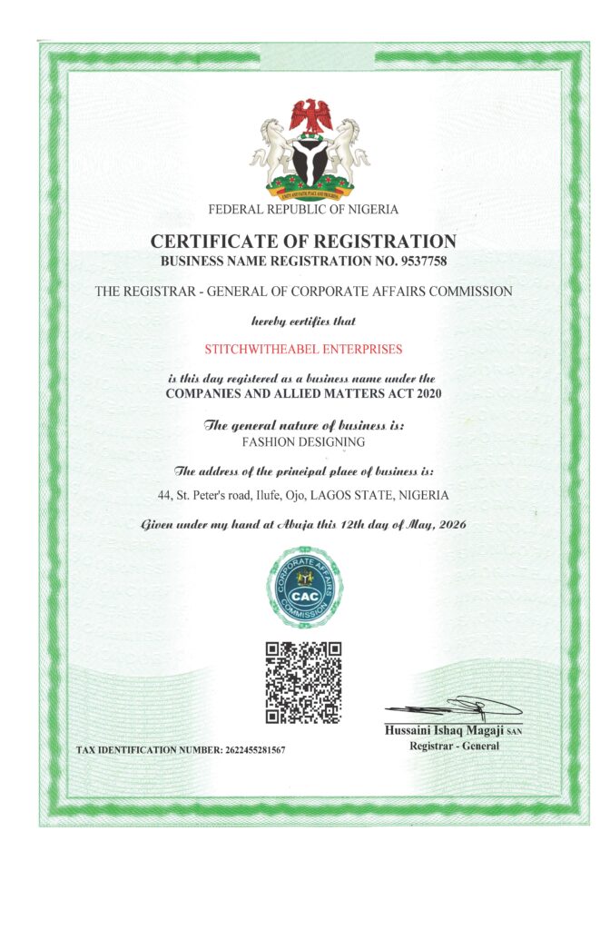 Nigeria's Corporate Affairs Commission's registration certificate for Stitch With Eabel